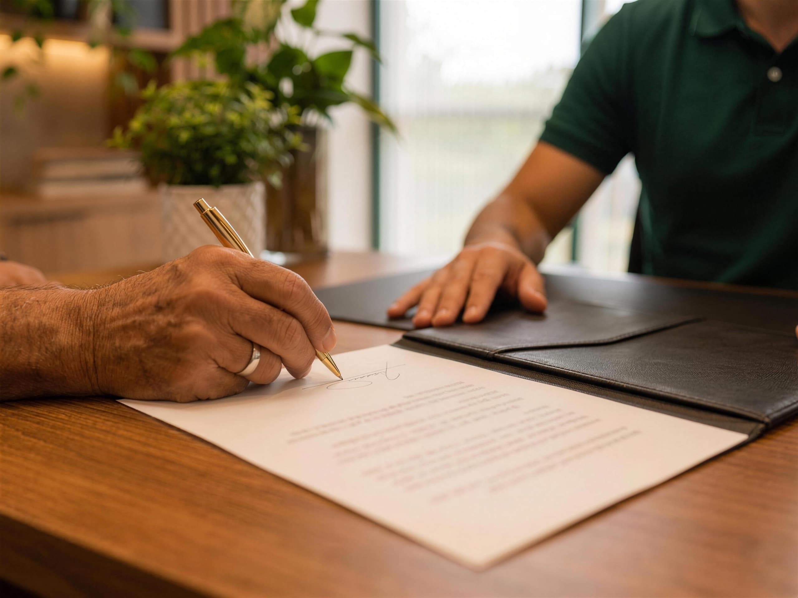 Credor assinando o contrato de cessão com caneta dourada, ao lado do consultor da ProsperoJus