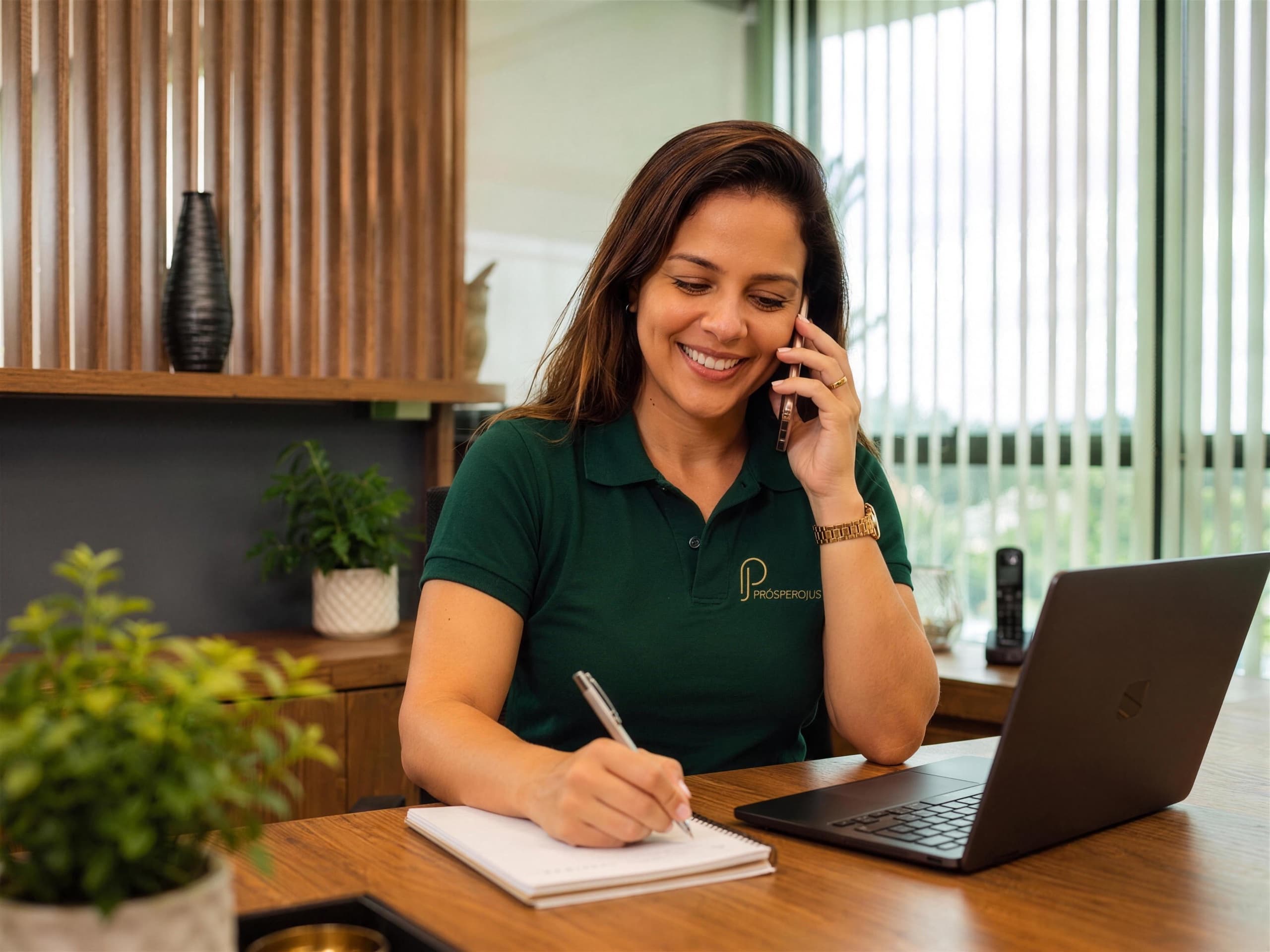 Consultora da ProsperoJus atendendo um credor por telefone no escritório em São Luís/MA