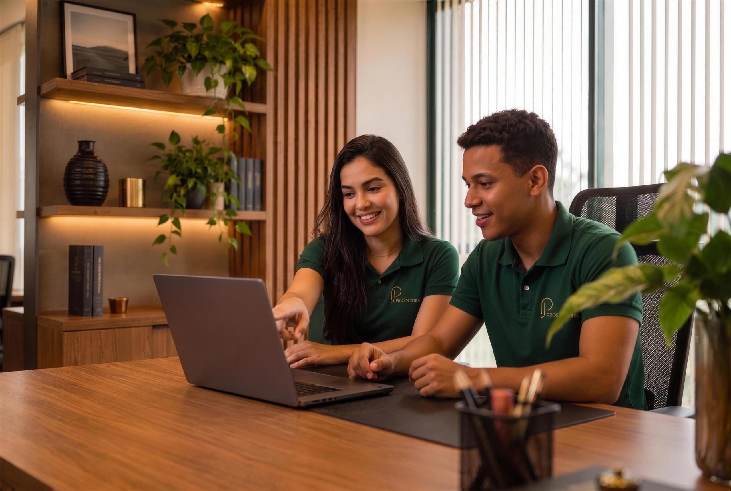 Dois profissionais da ProsperoJus trabalhando juntos no notebook, no escritório em São Luís/MA